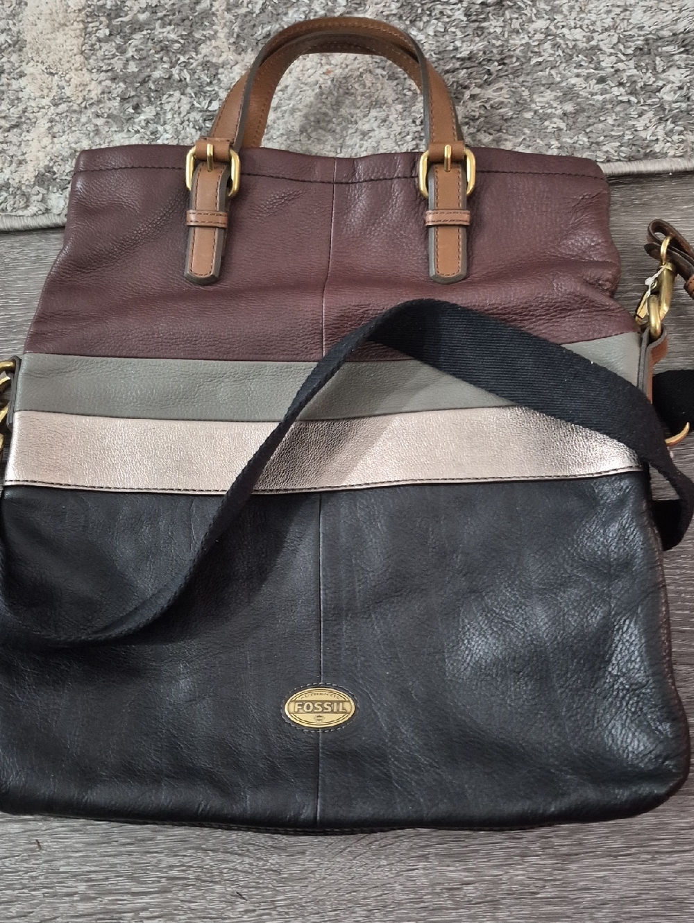 Fossil Colorblock Leather Crossbody Tote - Brown, Black, Gray, Metallic
